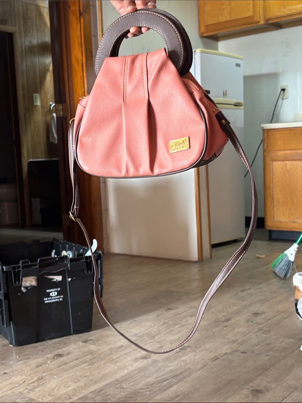 Women's Peach Handbag with Brown Handles and Strap